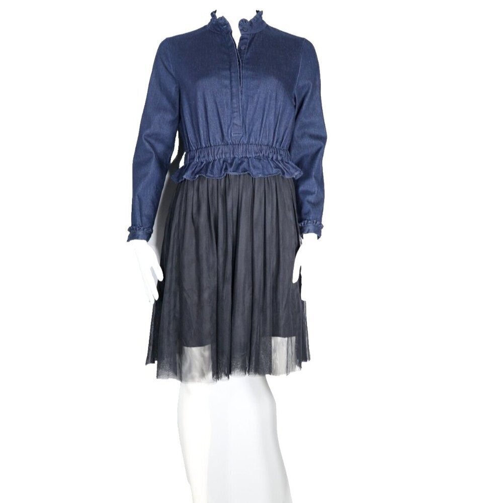 Qianchenzhimei Women's Large Black Blue Denim Tulle Dress Long Sleeve Short Mini